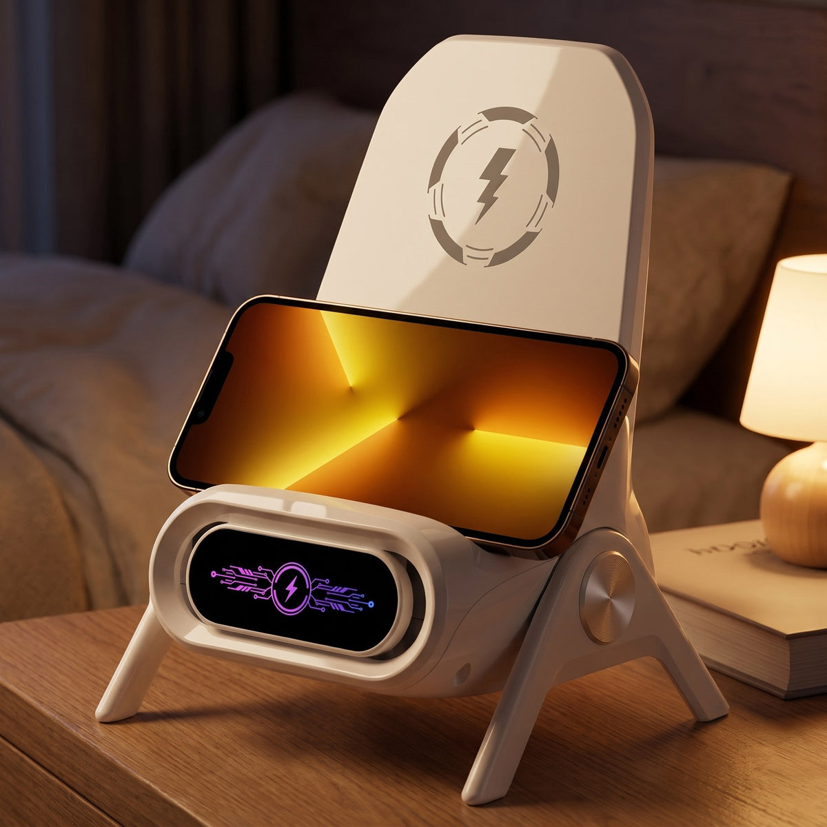 Telefoon liggend opladen op het nachtkastje