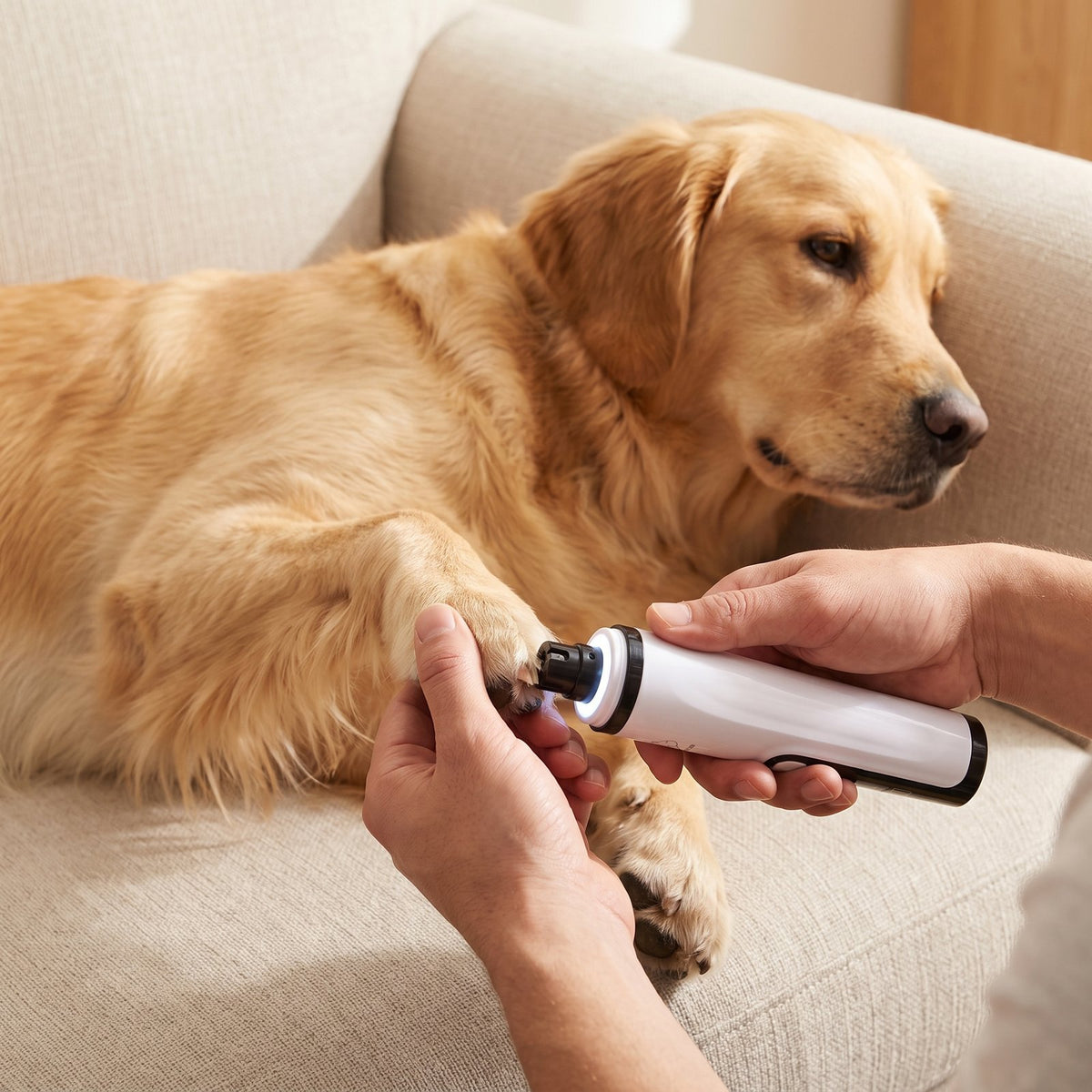 Nagels slijpen bij een rustige golden retriever