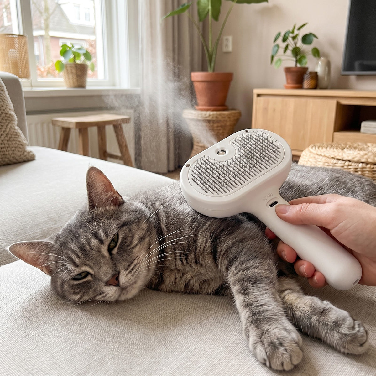 Kat wordt rustig geborsteld