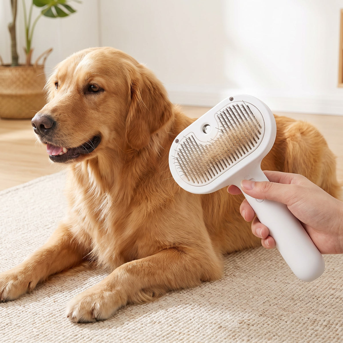 Hond wordt geborsteld met de stoomborstel