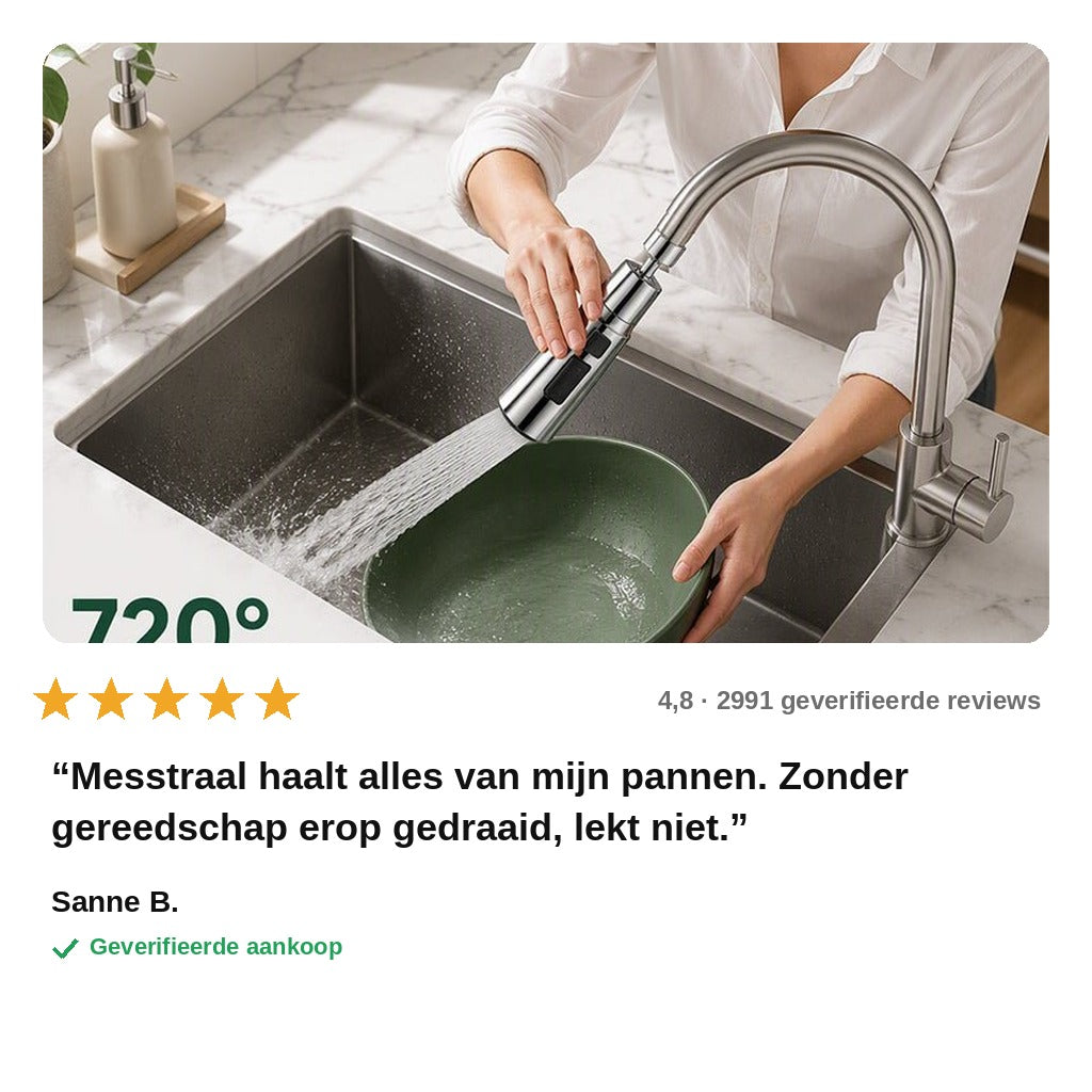 avis — SpoelPro™ 720° Draaibare Kraanverlenger – 3 Standen met Krachtige Messtraal
