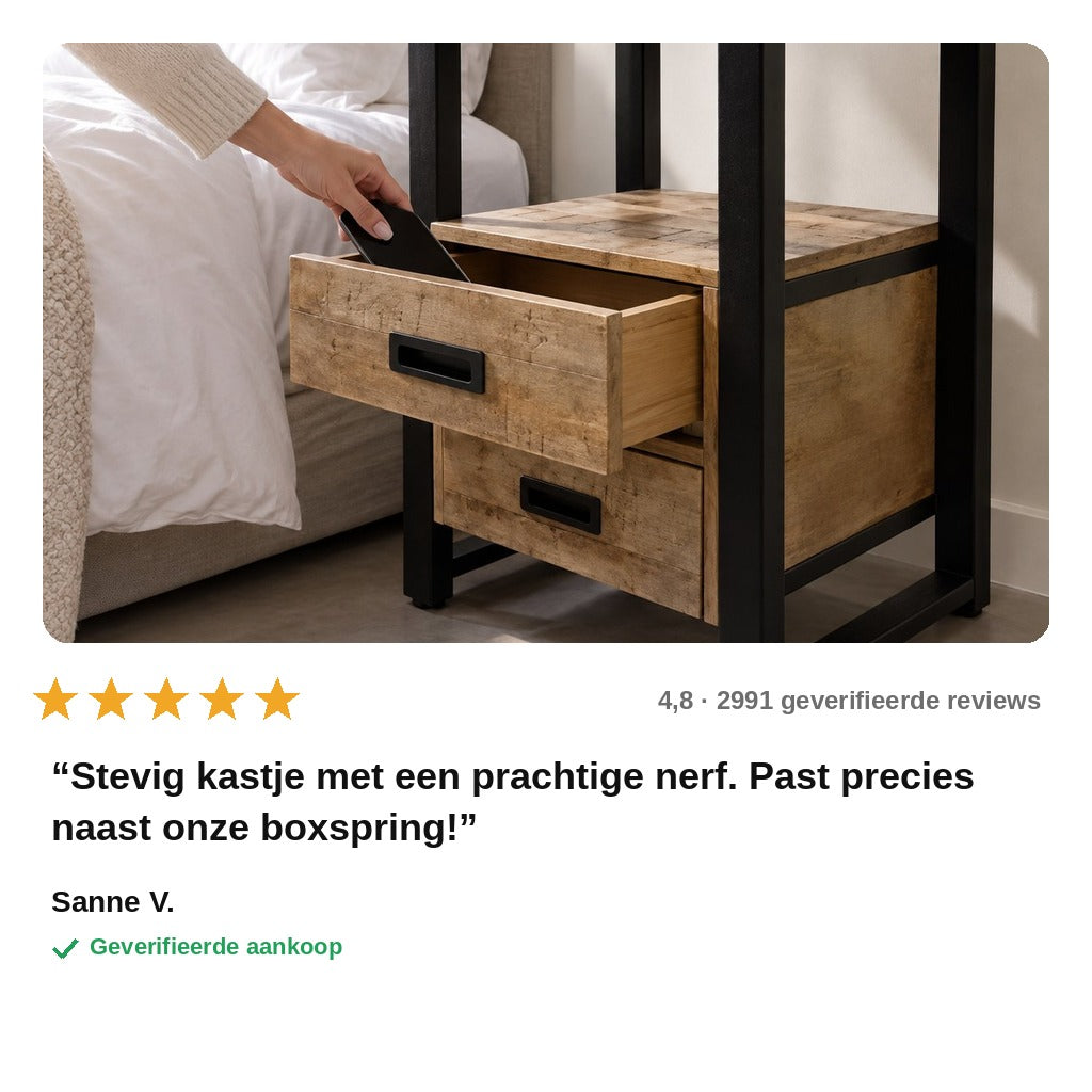avis — Industrieel nachtkastje van mangohout — 2 lades & open vak