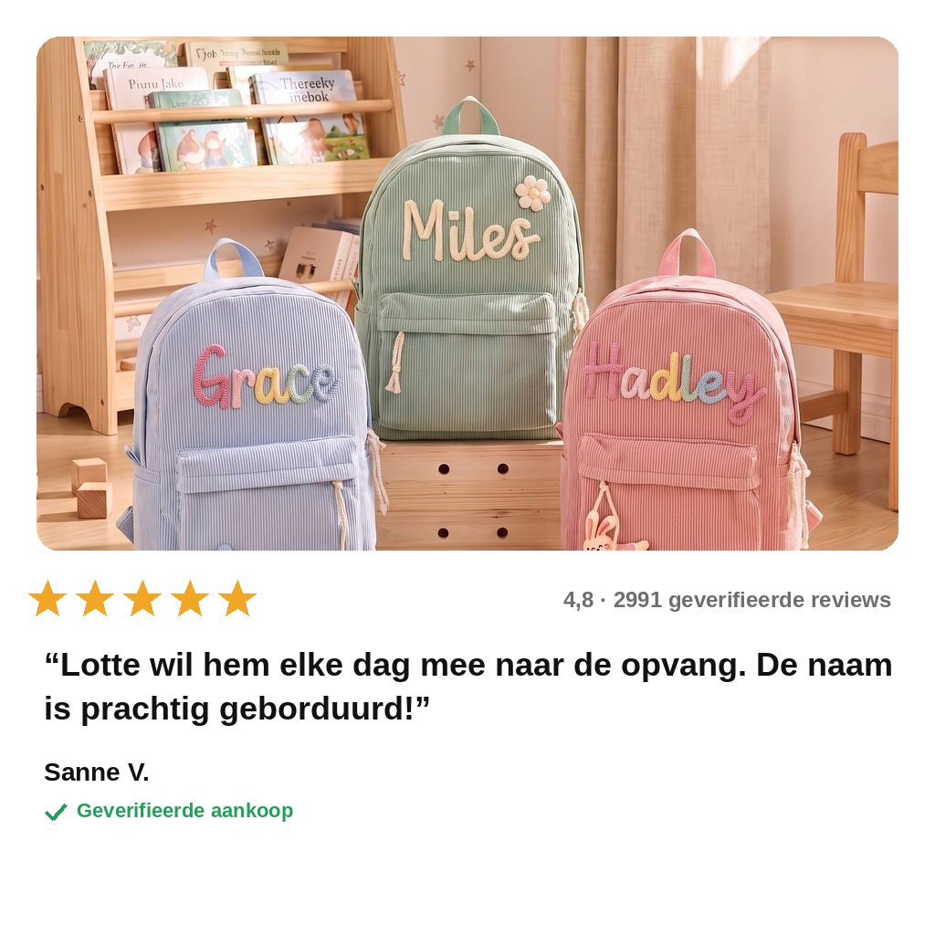 avis — Gepersonaliseerde ribfluwelen kinderrugzak met geborduurde naam