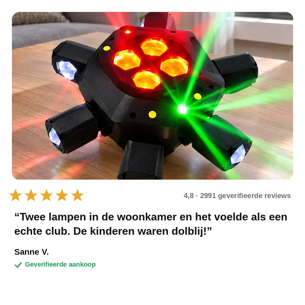 avis — Spider Discolamp met Laser – 6 Draaiende Armen & Kleurrijke Lichtstralen