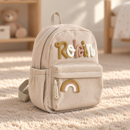 couleur Beige — Gepersonaliseerde ribfluwelen kinderrugzak met geborduurde naam