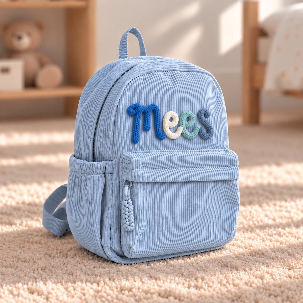 couleur Blauw — Gepersonaliseerde ribfluwelen kinderrugzak met geborduurde naam
