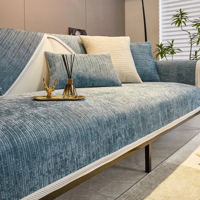 couleur Blauw — Antislip chenille bankhoes – beschermt je bank tegen haren, krassen en vlekken
