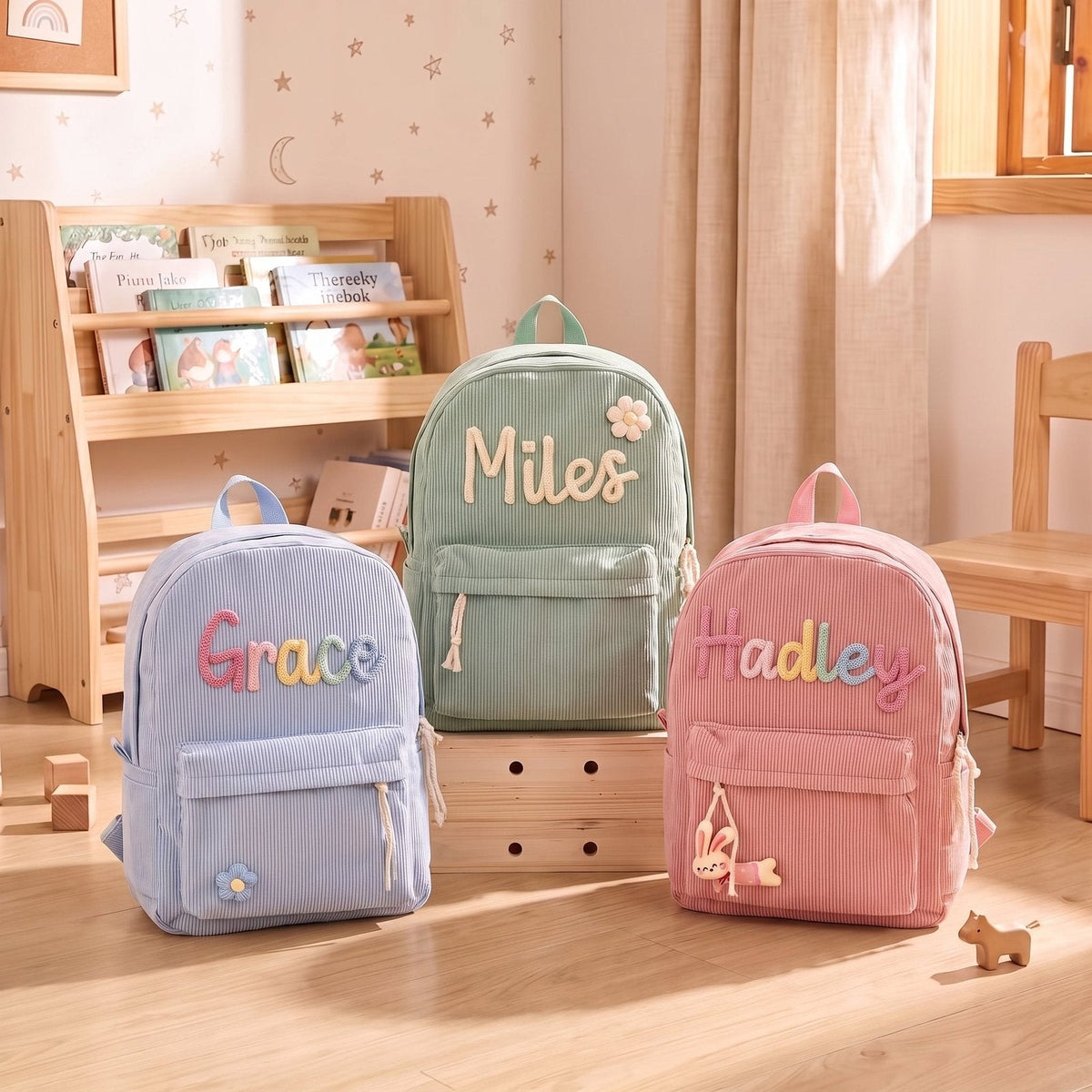 situation — Gepersonaliseerde ribfluwelen kinderrugzak met geborduurde naam