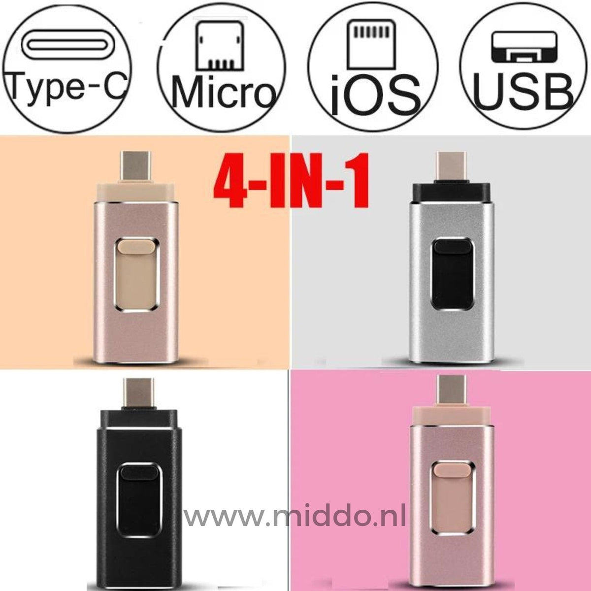 couleur Goud — 4-in-1 USB-stick – Eén stick voor iPhone, Android, USB-C en laptop