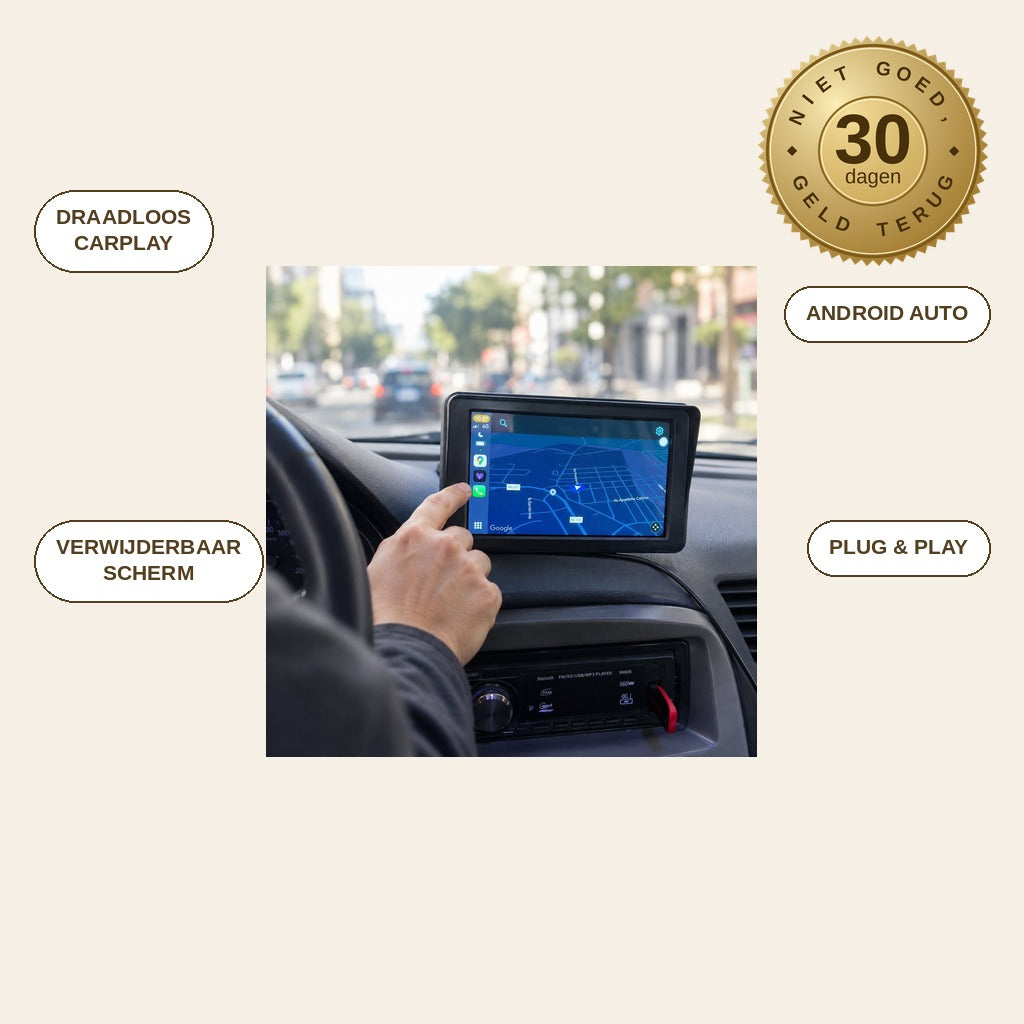 infographie — Draadloos CarPlay & Android Auto Scherm 9" – Voor Elke Auto