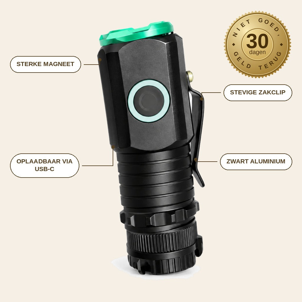 infographie — Compacte Mini Zaklamp – oplaadbaar via USB-C, met magneet en zakclip