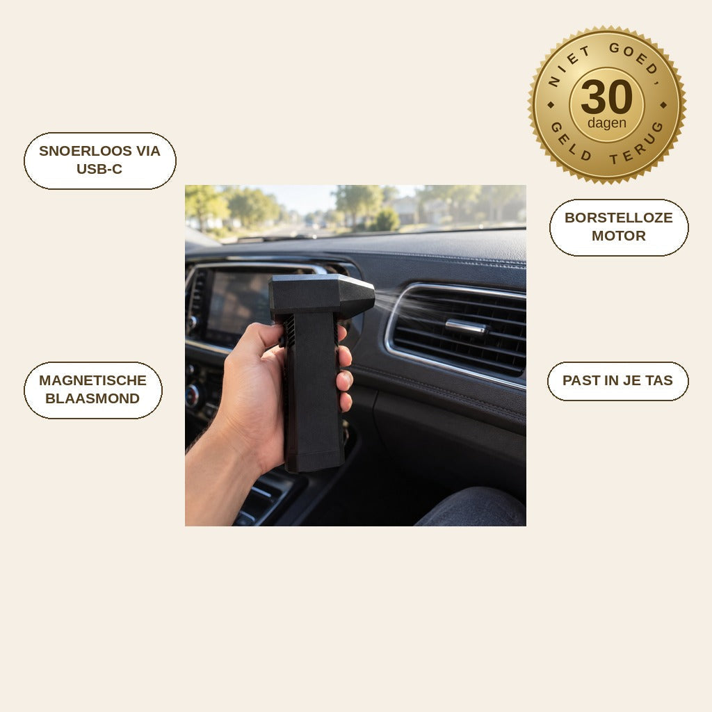 infographie — Draadloze Mini Turboblazer – 110.000 tpm, borstelloze motor, oplaadbaar via USB-C