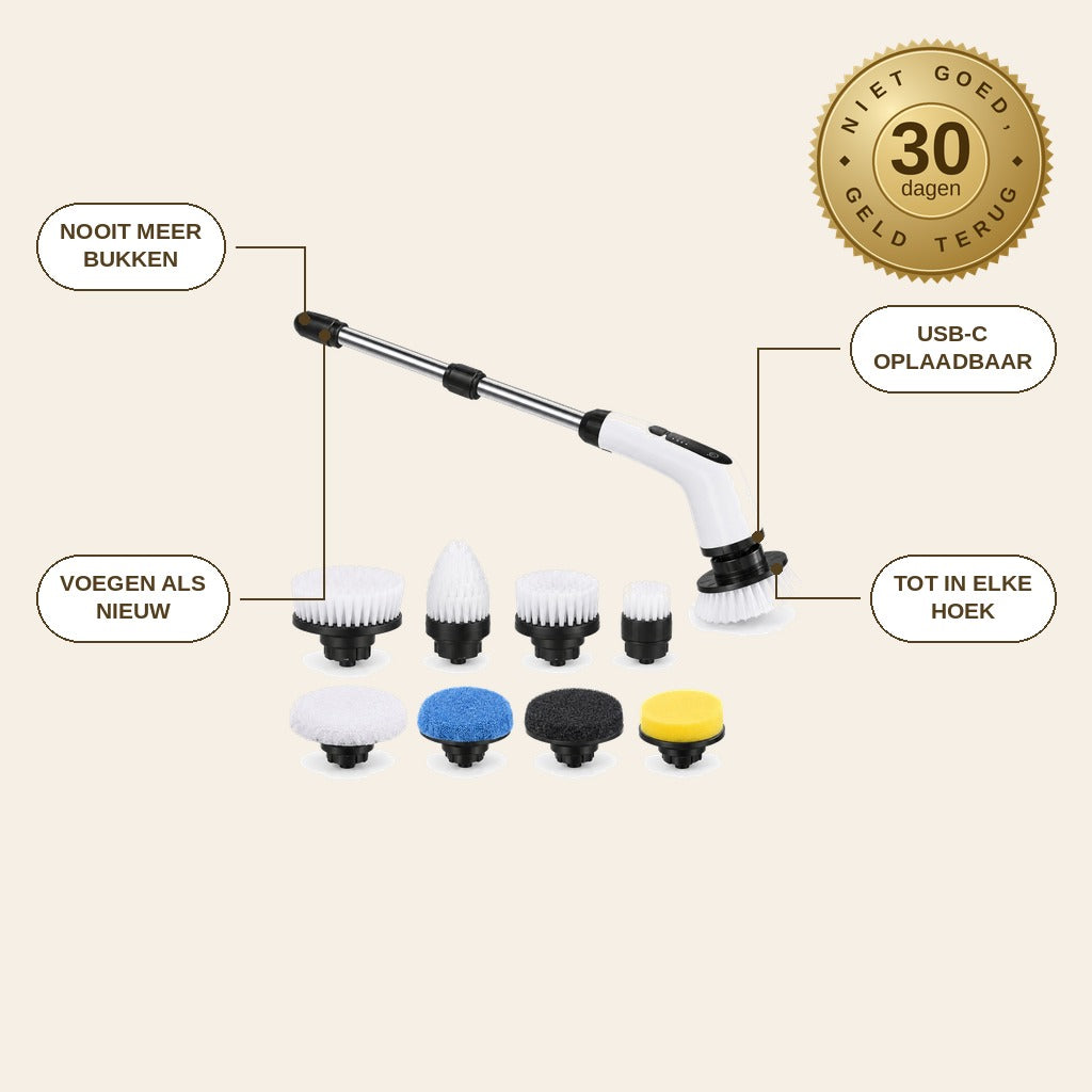 infographie — SchrobPro™ – Elektrische schoonmaakborstel met telescoopsteel, 8 opzetstukken en USB-C