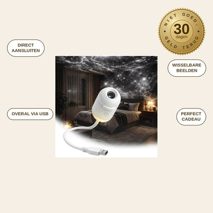 infographie — Mini USB Sterrenhemelprojector – Toveer elk plafond om in een sterrenhemel