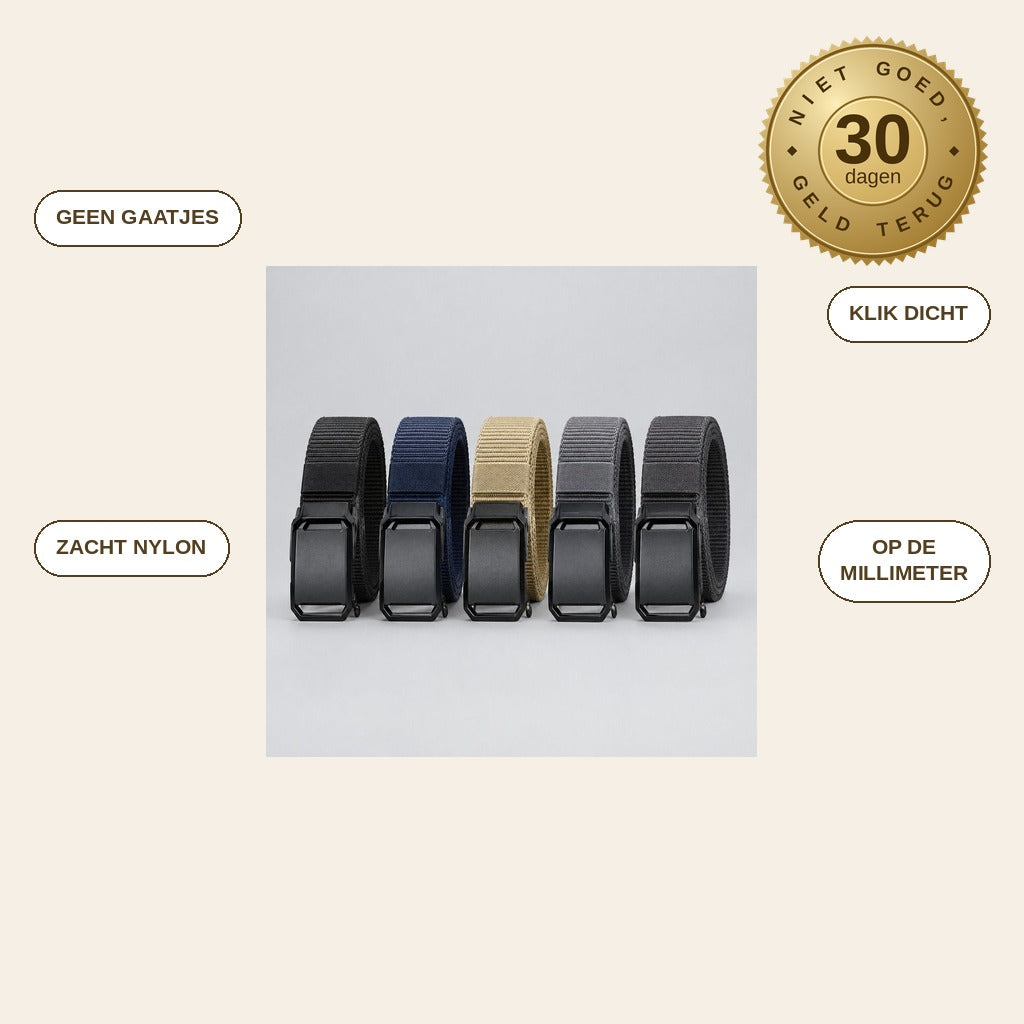 infographie — Nylon Riem met Automatische Gesp – zonder gaatjes, op de millimeter verstelbaar