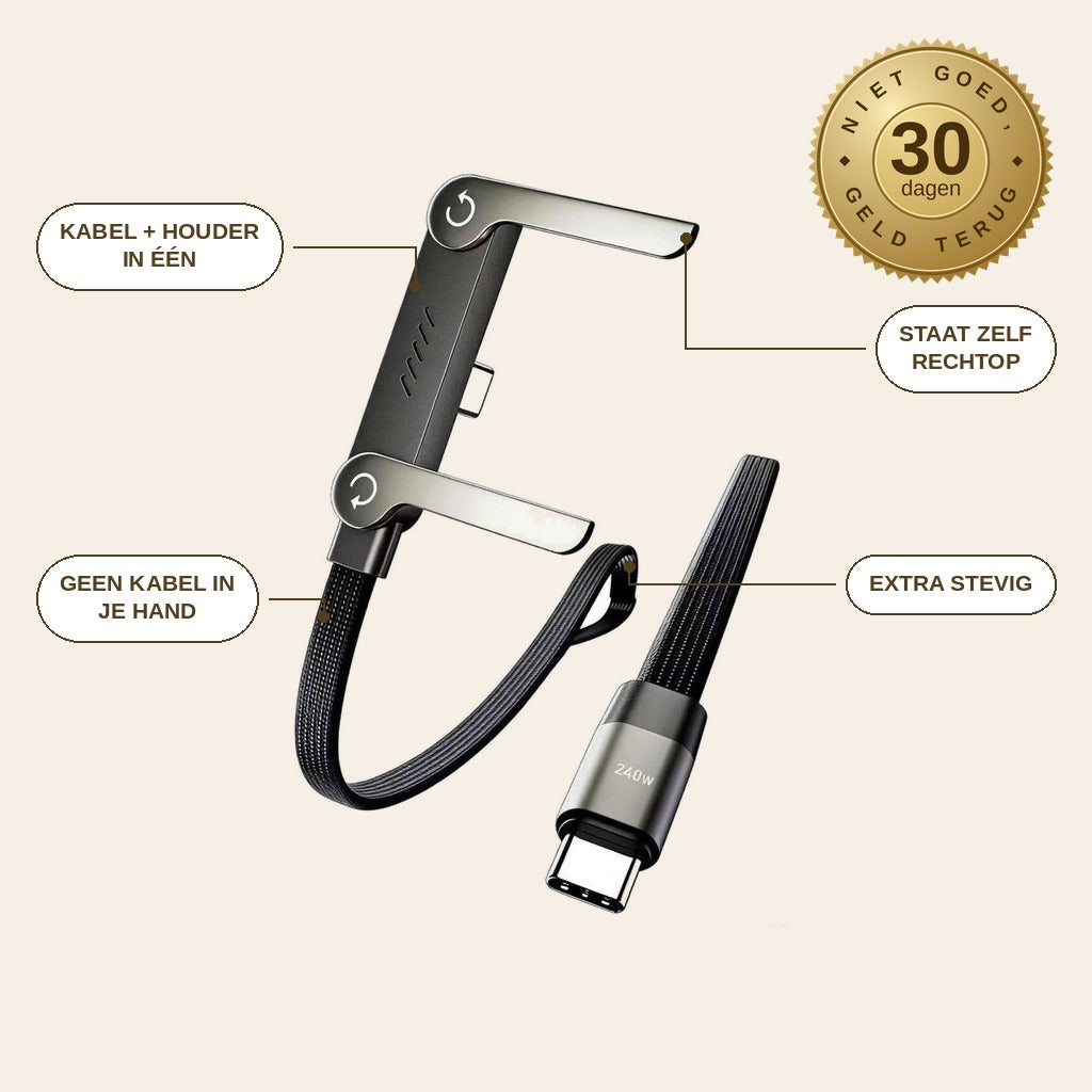 infographie — FlexStand™ USB-C oplaadkabel met uitklapbare standaard (240W, 1,5 m)
