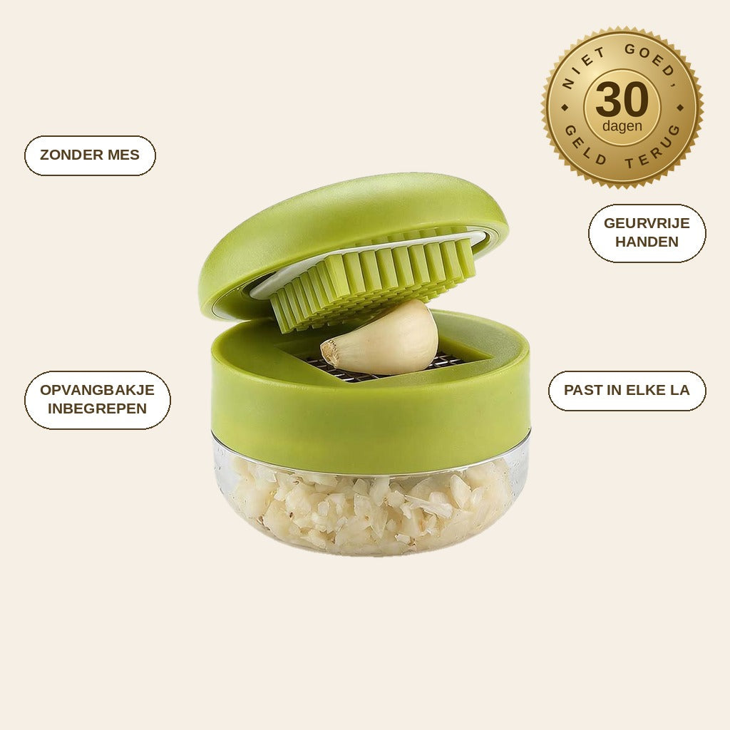 infographie — Mini Knoflookhakker met Opvangbakje – Knoflook fijngehakt in 1 seconde