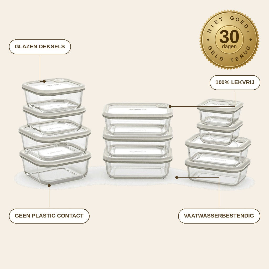 infographie — Glazen vershoudbakjes set met glazen deksels – 5, 8 of 11-delig
