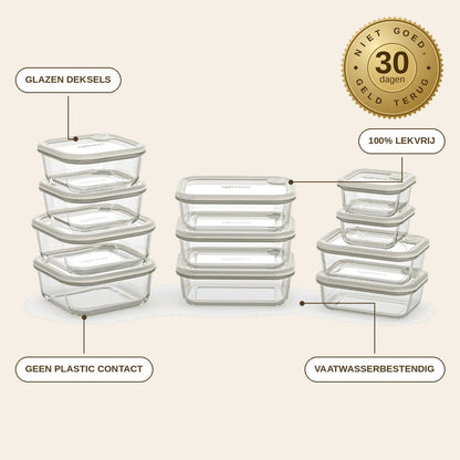 infographie — Glazen vershoudbakjes set met glazen deksels – 5, 8 of 11-delig