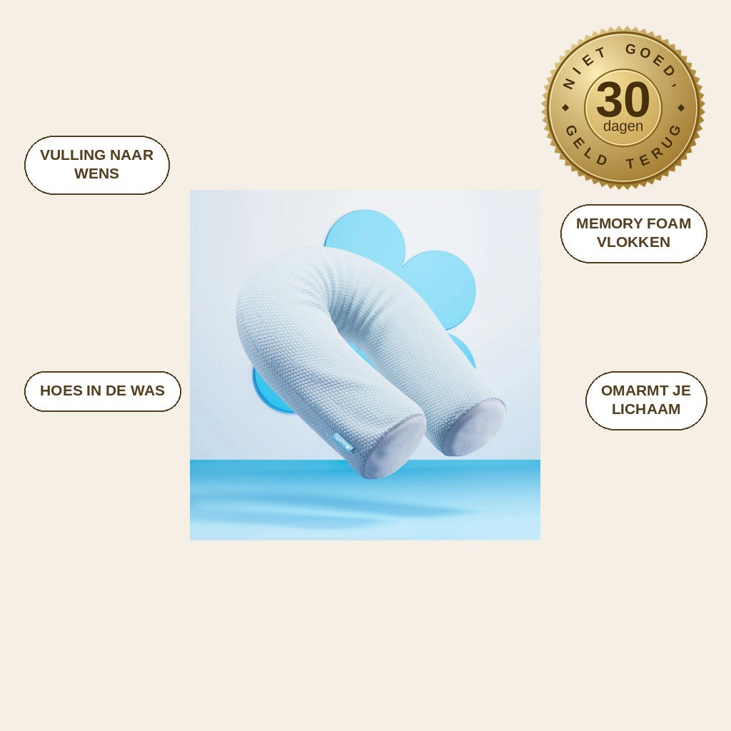 infographie — DroomNest™ Verstelbaar Lichaamskussen 150 cm – Memory Foam