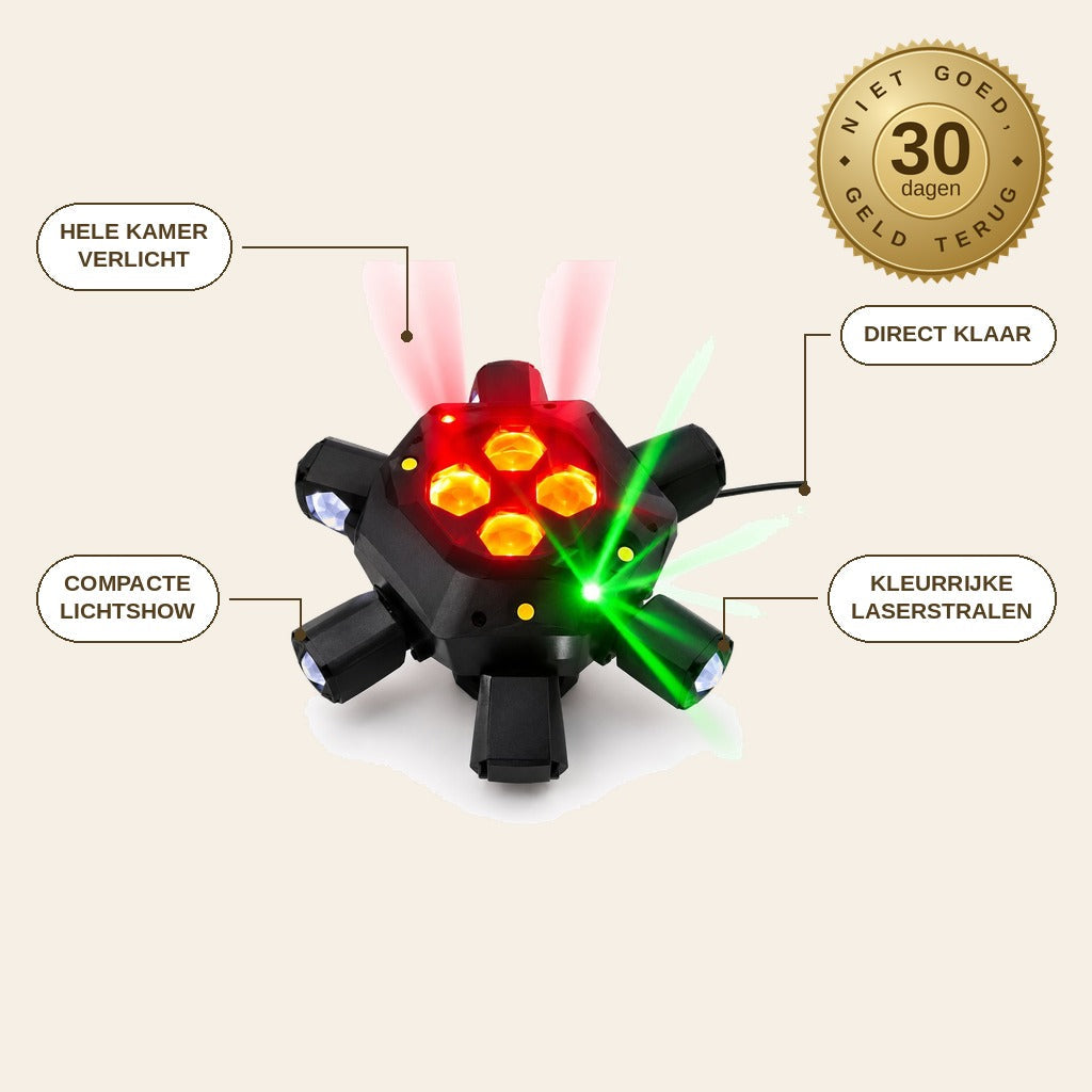 infographie — Spider Discolamp met Laser – 6 Draaiende Armen & Kleurrijke Lichtstralen